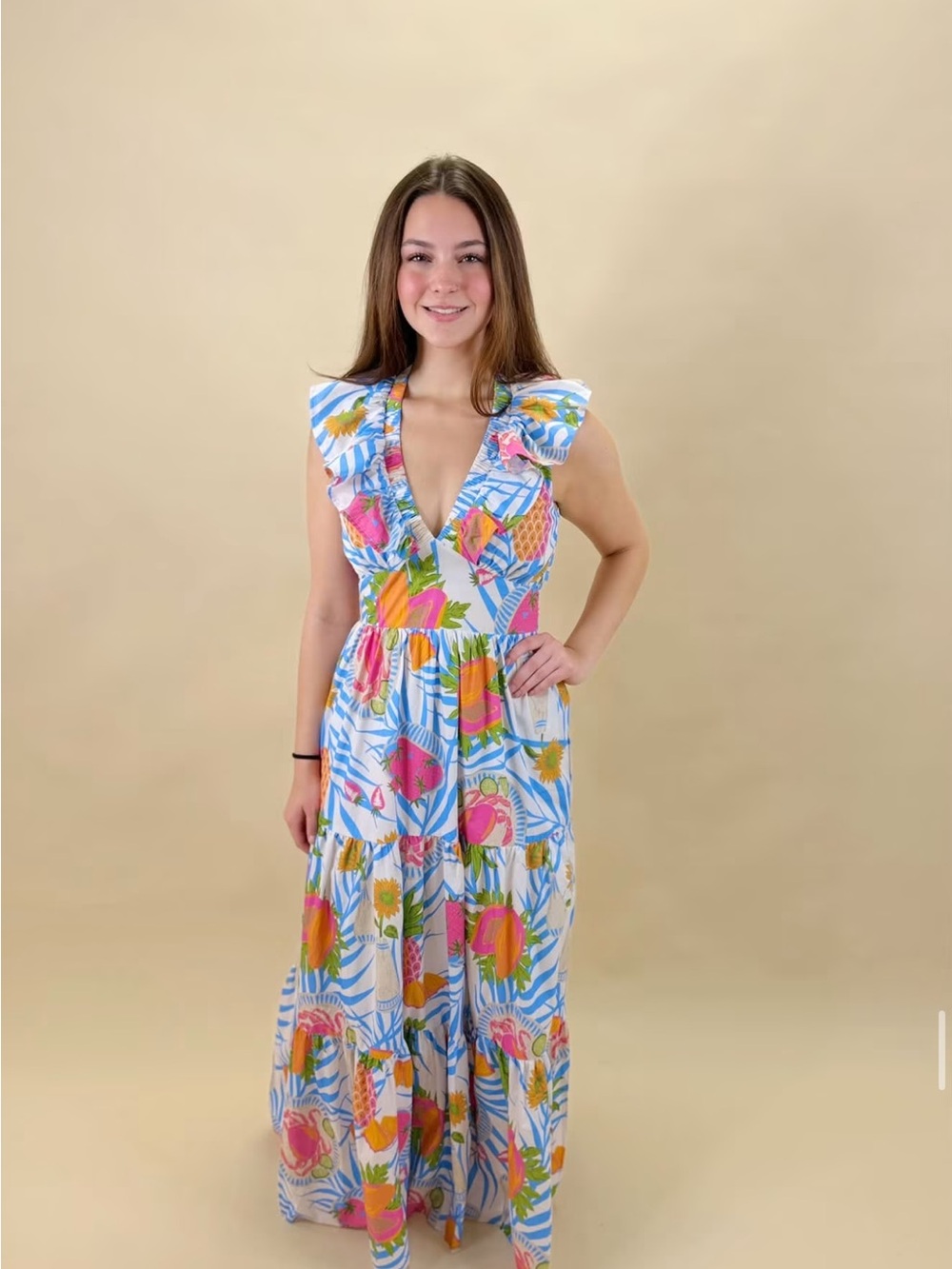 Flying Tomato White Maxi Dress with Pink, Orange & Blue Tropical Floral